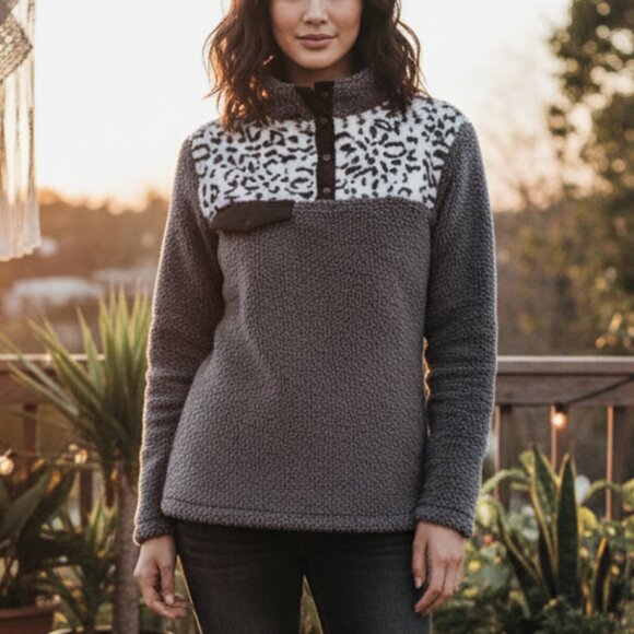 Warm Sherpa Teddy Fleece Pullover Sweater | Gray & Leopard Print - Picture 1 of 16